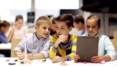 Kinder-mit-TabletPC-Programmierung-Windmühle-Spielzeug-in-der-Robotik-Schule