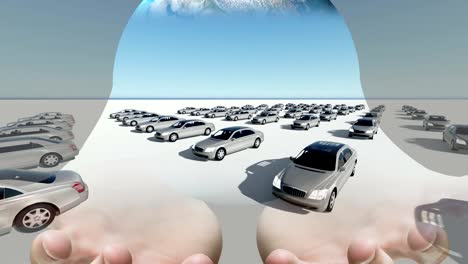 Mixed-media-of-two-3d-animation--of--hand-holding-globe-and-hundreds-cars-but-only-one-red