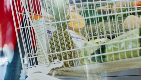 At-the-Supermarket:-Low--Angle-Shot-of-the-Woman-Taking-Organic-Pineapple-from-the-Fresh-Produce-Section-and-Places-it-into-Shopping-Cart.