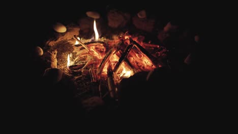 Feuer-mit-Holz-am-Strandlager-zu-verbrennen