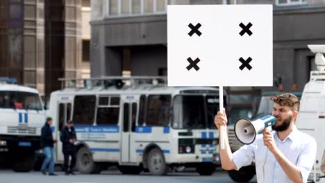 Angry-man-is-shouting-into-a-megaphone-on-strike.-Anger-and-rage-in-people.