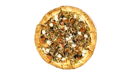 Rotating-pizza-with-smoked-sausage-and-olives-on-a-white-background.-Top-view-center-orientation