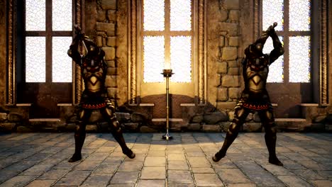Zwei-Ritter-im-mittelalterlichen-Rüstungen-kämpfen-gegeneinander-mit-Schwertern