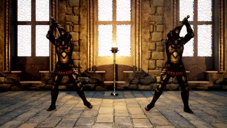 Two-knights-in-medieval-armor-fight-each-other-with-swords