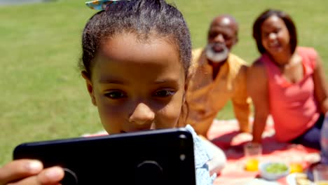 Vorderansicht-der-niedliche-kleine-schwarze-Mädchen-mit-Familie-klicken-Selfie-auf-Handy-im-Park-4k