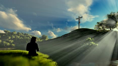 Frau-betete-Jesus-Kreuz-über-schöne-Morgensonne-Strahlen