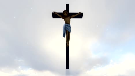 Jesus-cross-against-heavenly-white-sky-with-pigeons-flying