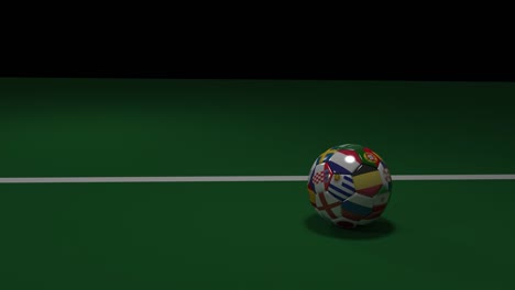 Soccer-ball-with-flags-of-countries-of-World-Cup-soccer-jumps-and-rolls-crossing-football-goal-line,-3d-rendering,-4k-prores-footage.