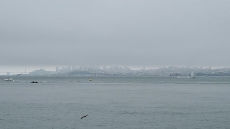 Foggy-view-of-San-Francisco-skyline-and-San-Francisco-Oakland-Bay-Bridge-with-boats-and-birds