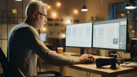 Creative-Middle-Aged-Mobile-Software-Designer-Sitting-at-His-Desk-Uses-Desktop-Computer-with-Two-Screens-Showing-Smartphone-Application-Design-Process.-Stylish-Modern-Studio-Office