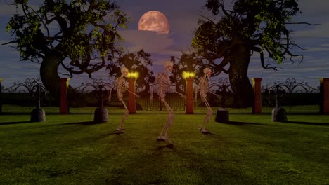 Dancing-skeletons-in-the-cemetery-at-night.-Halloween-concept.