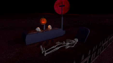 Cementerio-de-Spooky-en-la-noche-con-la-Luna-Roja