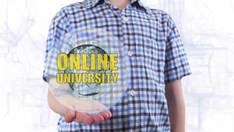 Young-man-shows-a-hologram-of-the-planet-Earth-and-text-Online-university