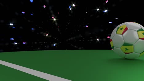 Soccer-ball-with-the-flag-of-Senegal-crosses-the-goal-line-under-the-salute,-3D-rendering