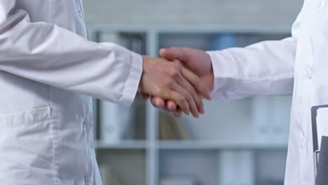 Unrecognizable-Scientists-Shaking-Hands-in-Office