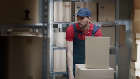 Warehouse-Worker-sammelt-Bestellung-durch-Einnahme-von-Kartons-und-Parzellen-im-Regal-und-setzen-sie-auf-ein-Trolley.