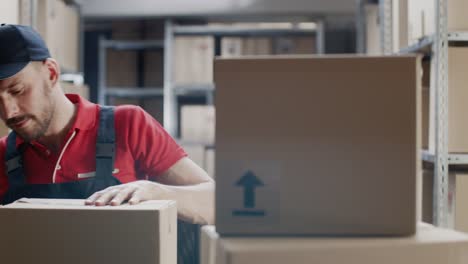 Trabajador-almacén-profesional-acabados-orden,-sellado-de-cajas-de-cartón-listos-para-envío.-En-la-persona-de-fondo-en-las-filas-de-estanterías-con-cajas-de-cartón-con-pedidos-listos.