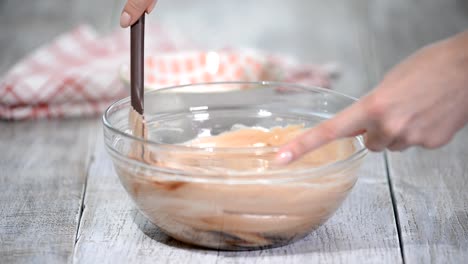 Mixing-Cocoa-Powder,-Flour-and-Beaten-Eggs.-Making-Chocolate-Layer-Cake.