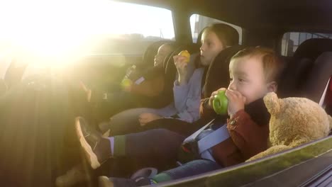 Niños-adorables-comiendo-manzanas-en-el-coche