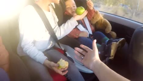 POV-de-Madre-dando-manzanas-a-los-niños-durante-el-paseo-en-coche