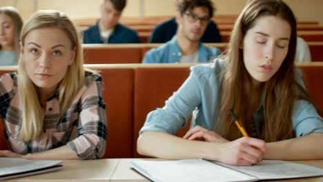 Rückansicht-der-Studenten-im-Hörsaal-ein-prominenter-Professor-Vortrag-anhören.-Helle-Jugendliche-Studium-an-der-Universität.