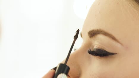 Visagist-Kämmen-Augenbraue-mit-Kosmetik-Pinsel-nach-der-Färbung-im-Make-up-Studio-hautnah.-Professionelle-Make-up-Augenbrauen-auf-Lektion-in-Schönheitsschule