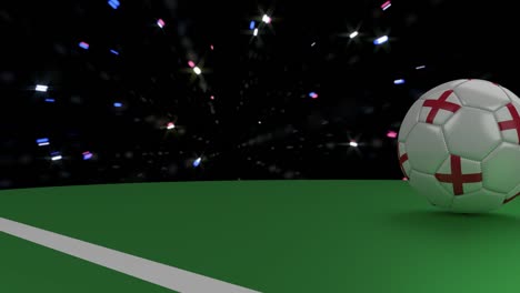 Soccer-ball-with-the-flag-of-England-crosses-the-goal-line-under-the-salute,-3D-rendering