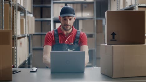Worker-Uses-Laptop-while-Sitting-at-His-Desk-in-the-Warehouse.