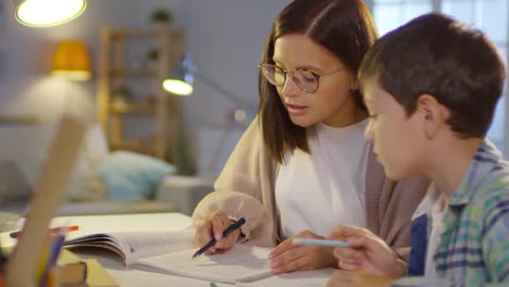 Junge-weibliche-Tutor-Lehre-junge-zu-Hause