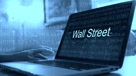 Ordenador-portátil-con-el-ticker-de-bolsa-de-desplazamiento-en-el-fondo-con-la-prueba-en-la-pantalla---Wall-Street