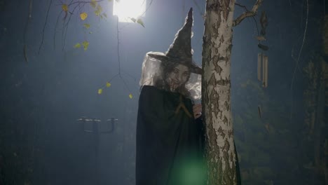 Bloody-halloween-witch-leaning-on-a-tree-in-the-woods-and-laughing-to-the-camera