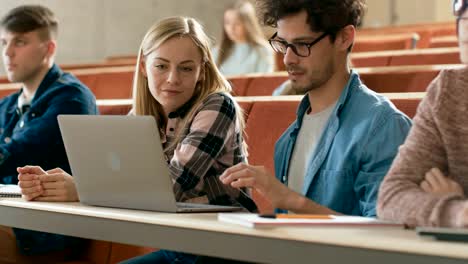 In-der-Klasse-weibliche-und-männliche-Studenten-teilen-und-Laptop,-auf-einem-Vortrag-im-Chat-nutzen.-Junge-Menschen-studieren-und-lernen.-Uni-Leben.