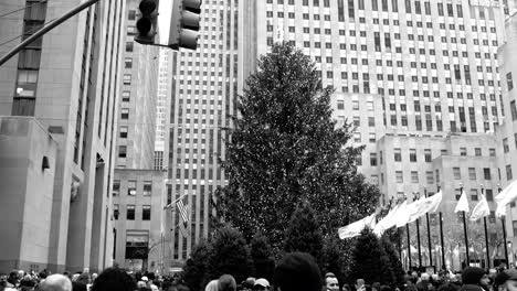 Paneo-de-Video-blanco-y-negro-del-árbol-de-Navidad-en-Rockefeller-Center-con-grandes-grupos-de-turistas