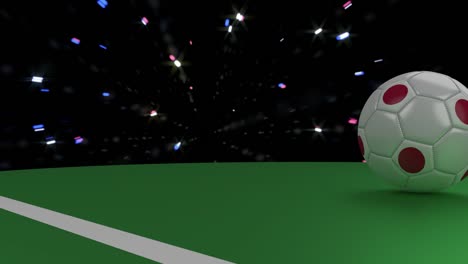 Soccer-ball-with-the-flag-of-Japan-crosses-the-goal-line-under-the-salute,-3D-rendering