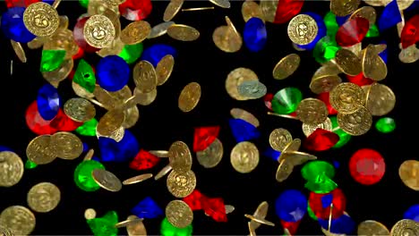 Rain-of-vintage-gold-coins-and-jems.-3D-render