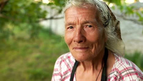 Dynamic-portrait-of-a-very-old-80-year-old-woman-working-in-the-garden.-Close-up---wrinkled-hands-add-dry-grass-to-a-canvas-bag