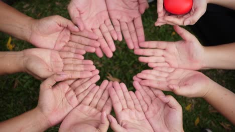 Hand-give-a-red-heart-to-many-hands-of-people