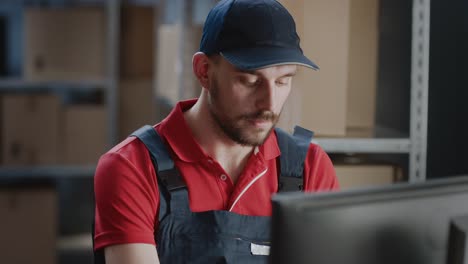 Portrait-of-Uniformed-Worker-Using-Personal-Computer-while-Sitting-at-His-Desk-in-the-Warehouse.-In-the-Background,-Room-with-Shelves-Full-of-Cardboard-Box-Packages-Ready-For-Shipping.