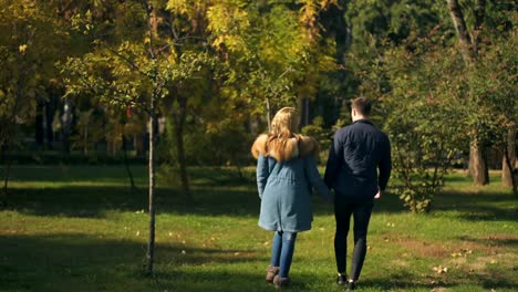 Back-view-of-couple-holding-hands-and-walking,-bright-future,-togetherness