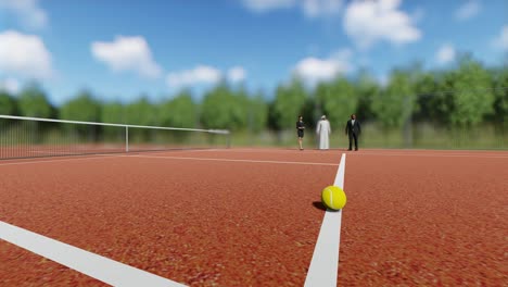 Tennis-court-with-a-ball.-People-talking-in-the-background.-The-man-with-the-UAE-stands-in-the-center.