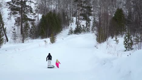 Frau-und-das-Mädchen-klettern-einen-Hügel-mit-Snow-Tube