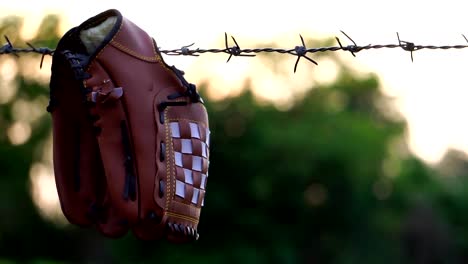 Bewegen-Sie-den-Blick-auf-einen-Baseballhandschuh-mit-dem-Zaun-der-Feldpraxis