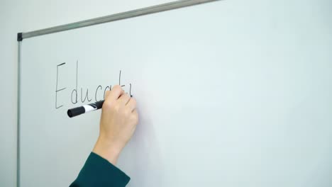 Closeup-Lehrerin-Handschrift-auf-einem-Whiteboard-im-Klassenzimmer