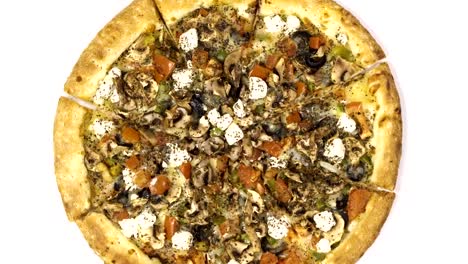 Rotating-pizza-with-smoked-sausage-and-olives-on-a-white-background.-Top-view-center-orientation