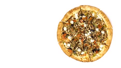 Rotating-pizza-with-smoked-sausage-and-olives-on-a-white-background.-Top-view-center-orientation