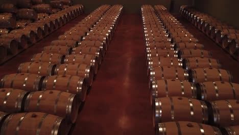 Aerial-view-Barrels-in-a-wine-cellar,-Bordeaux-Vineyard,-France