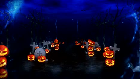 Misteriosa-noche-de-Halloween,-calabazas-en-un-místico-bosque,-lazo