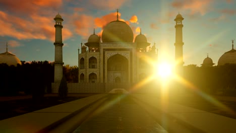 Taj-Mahal-contra-hermoso-cielo-al-atardecer,-alejar