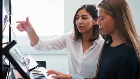 Weibliche-Schüler-mit-Lehrer-im-Musikunterricht-Klavier-zu-spielen