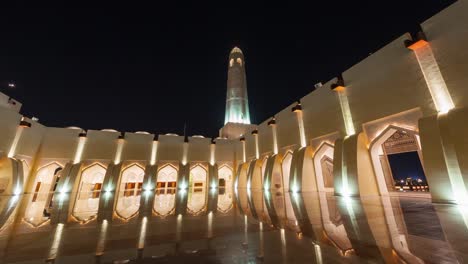 night-illumination-doha-city-mosque-hall-exterior-panorama-4k-time-lapse-qatar